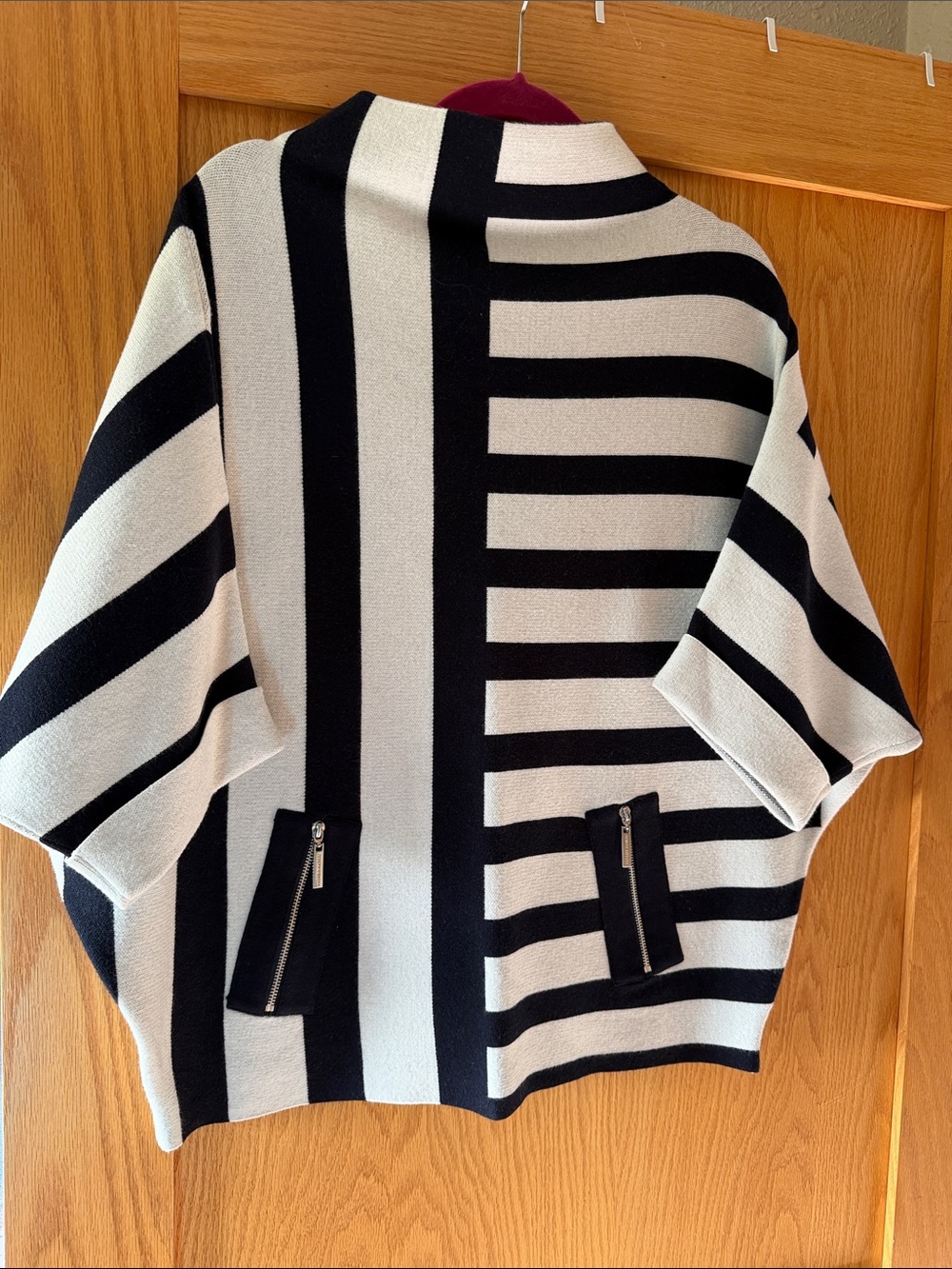 Joseph Ribkoff Navy & Off White Striped Knit Sweater with Zip Pocket Detail- new
